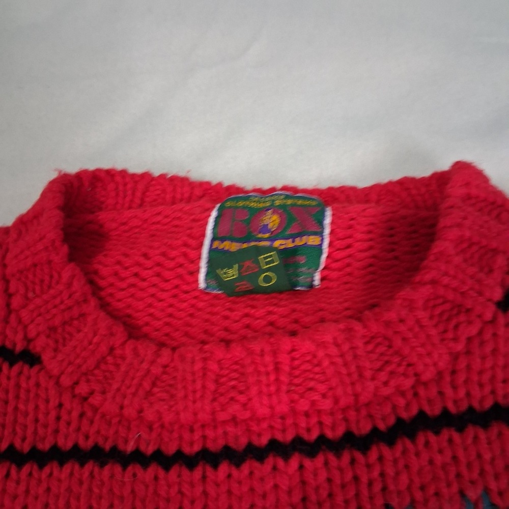 VTG Men's Club Chunky Hand Knit Red Aztec Fair Isle Wool Blend Sweater Medium - Picture 8 of 9